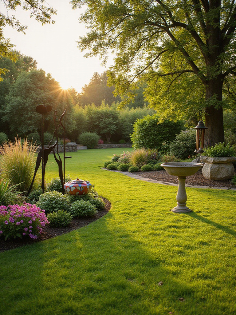 A beautiful lawn garden landscape featuring a modern metal sculpture, a ceramic gazing ball, and a stone bird bath integrated among lush grass, colorful flower beds, and stone pathways during golden hour.
