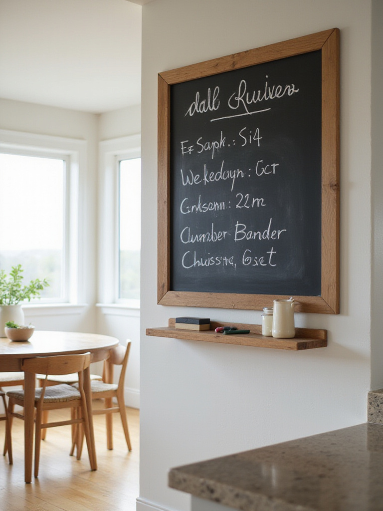 Modern farmhouse kitchen with a framed chalkboard displaying a weekly meal plan.