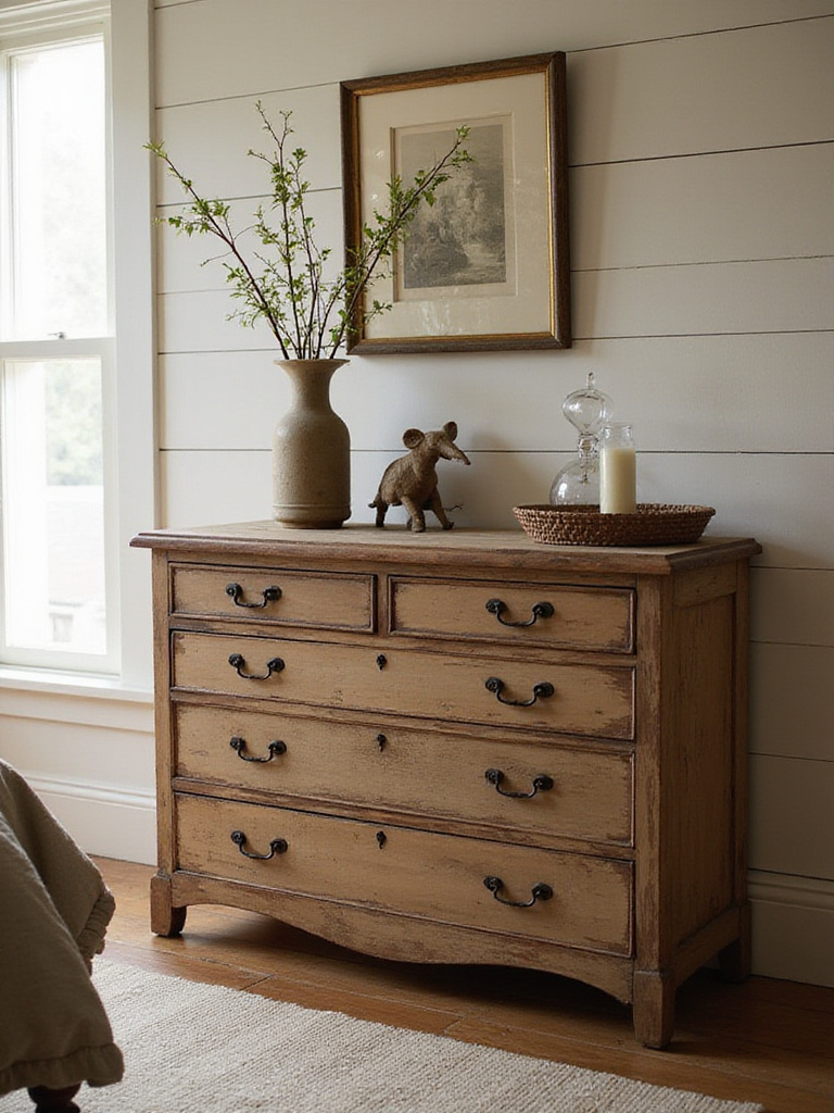 Rustic bedroom featuring a distressed antique dresser with vintage decor