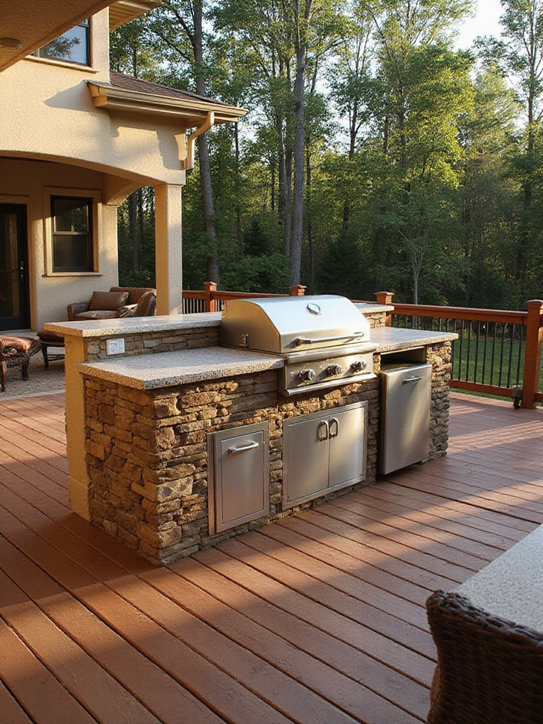 Wooden deck with a built-in outdoor kitchen featuring a stone island, stainless steel grill, and counter space.