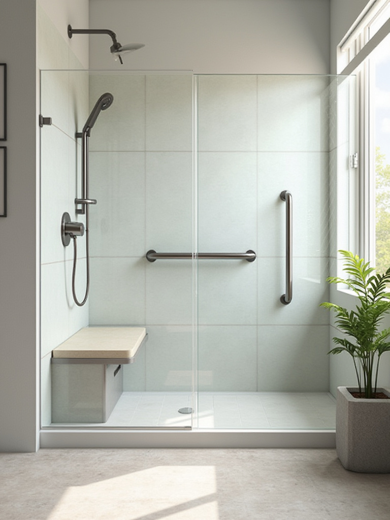 Modern accessible bathroom featuring a low-threshold walk-in shower with a built-in seat, integrated grab bars, and non-slip tile flooring.