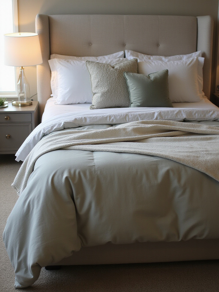 A luxurious bed in a serene bedroom, featuring layers of high-thread-count white sheets, a plush duvet cover, and decorative pillows in soft, sophisticated colors and textures. The scene evokes comfort and elegance.
