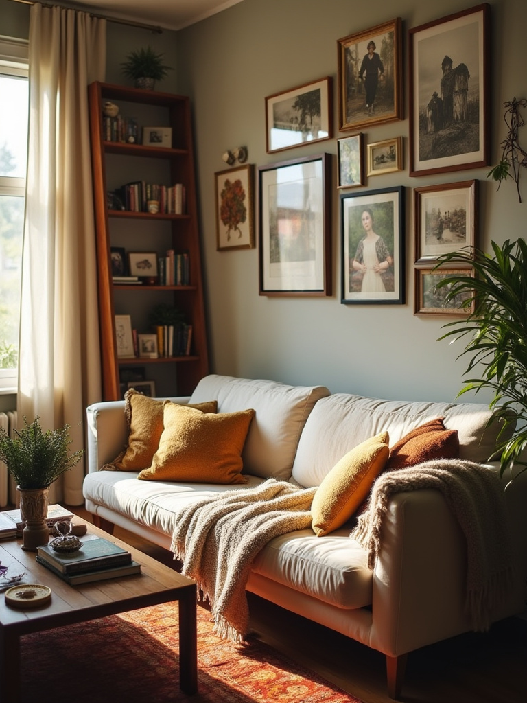 Living room interior with personal touches, including framed photos, books, travel souvenirs, and decorative objects displayed on shelves and walls, creating a warm and inviting atmosphere.