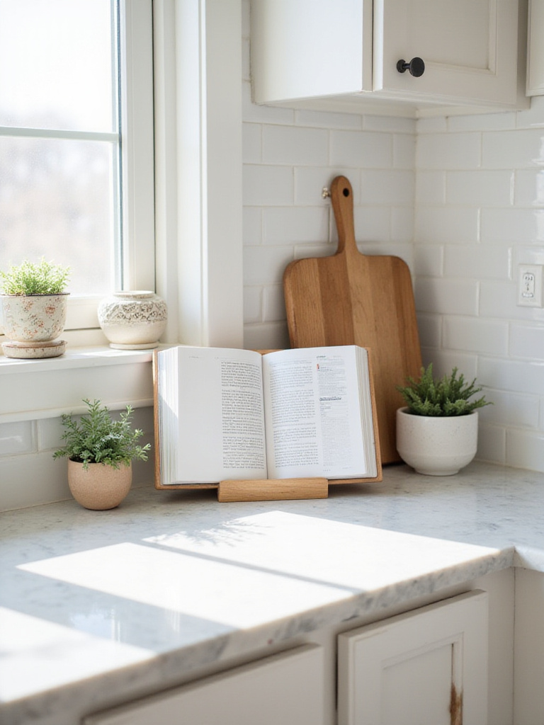 A chic wooden cookbook stand displaying an open cookbook on a marble kitchen countertop, styled with a small herb plant and ceramic bowl.