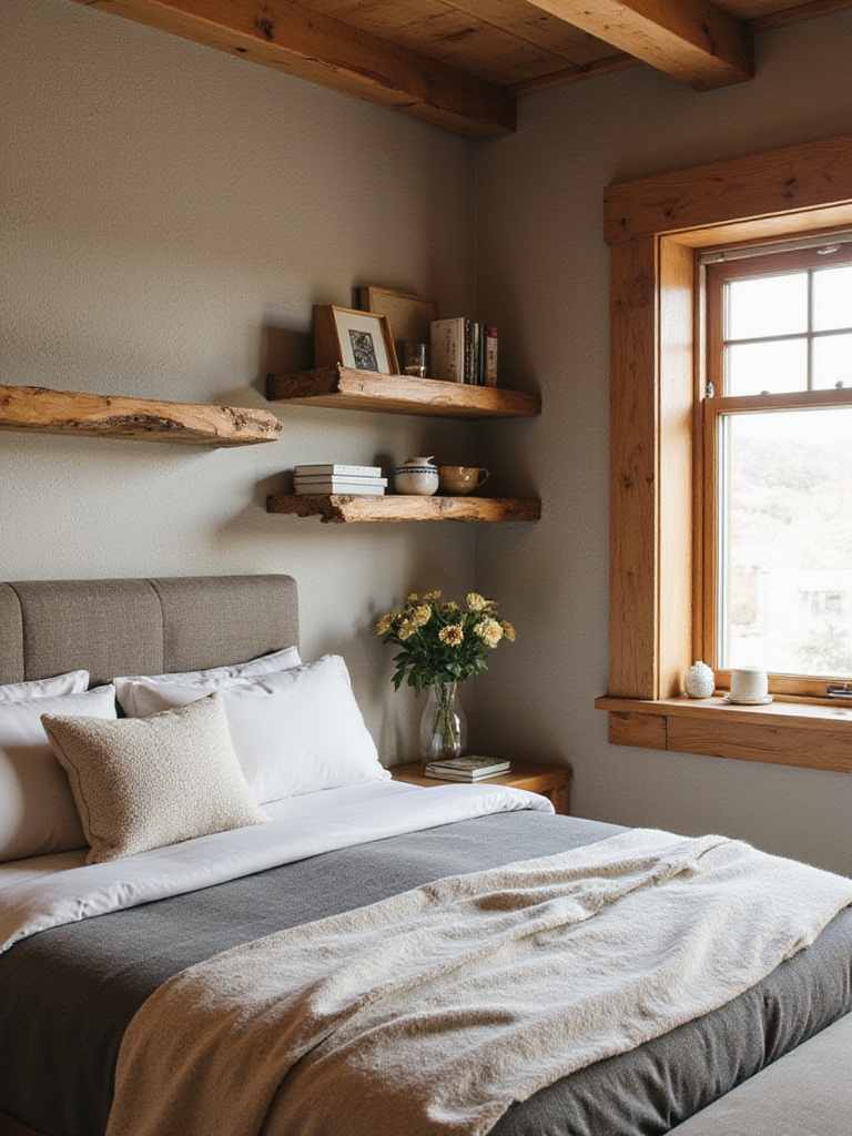 Rustic bedroom with live-edge floating shelves showcasing natural wood and decor items.