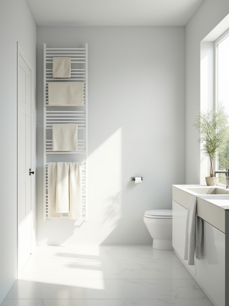 Small bathroom featuring multiple towel bars and hooks strategically placed on walls and doors to maximize towel storage.