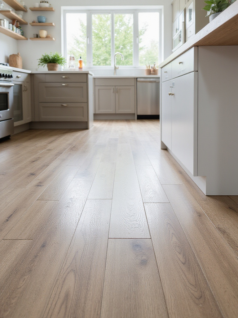 Modern kitchen with newly installed peel-and-stick flooring
