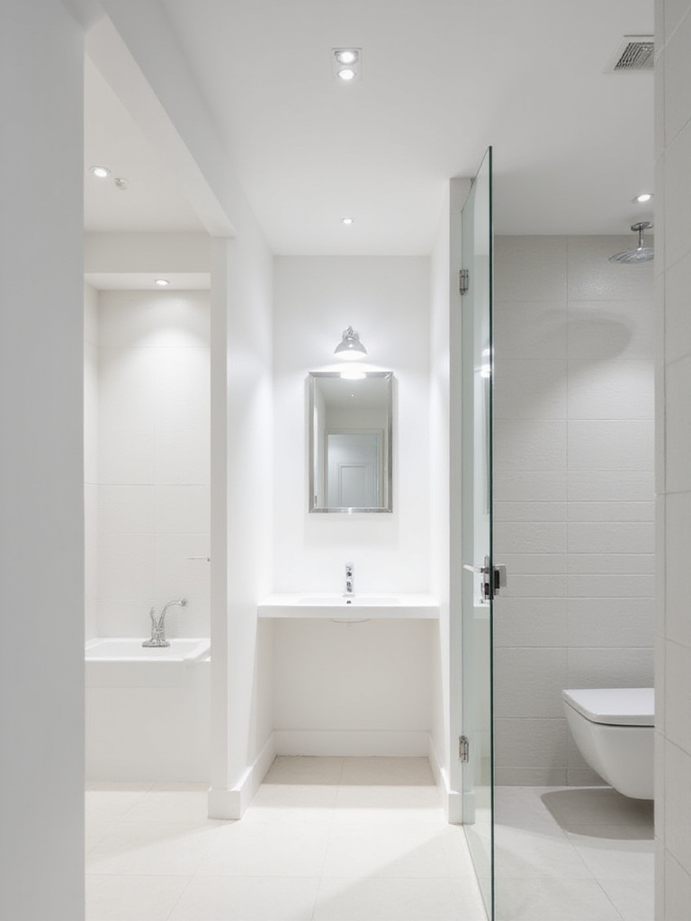 Small modern bathroom with white walls and ceiling, featuring multiple flush-mounted recessed LED lights that provide bright, even illumination and visually increase the ceiling height.