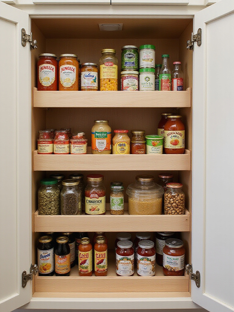 Organized kitchen cabinet with tiered organizers holding cans and jars