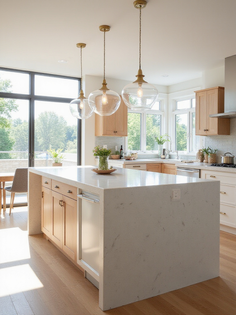 Three oversized clear glass pendant lights hanging as statement pieces over a large kitchen island with a quartz countertop in a modern transitional kitchen.