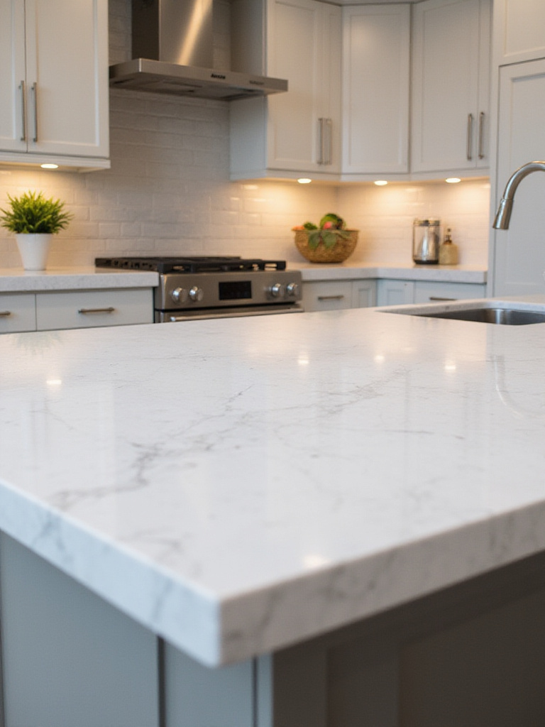 Modern kitchen with white quartz countertops and elegant cabinetry.