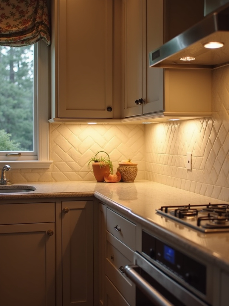 Under-cabinet lighting illuminating a stylish kitchen countertop