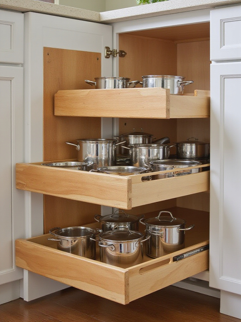 Organized deep lower kitchen cabinet with pull-out shelves showcasing pots and pans.