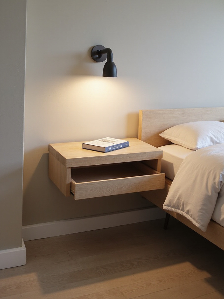 A wall-mounted nightstand in a small bedroom, freeing up floor space and creating a clean, open look beside the bed.