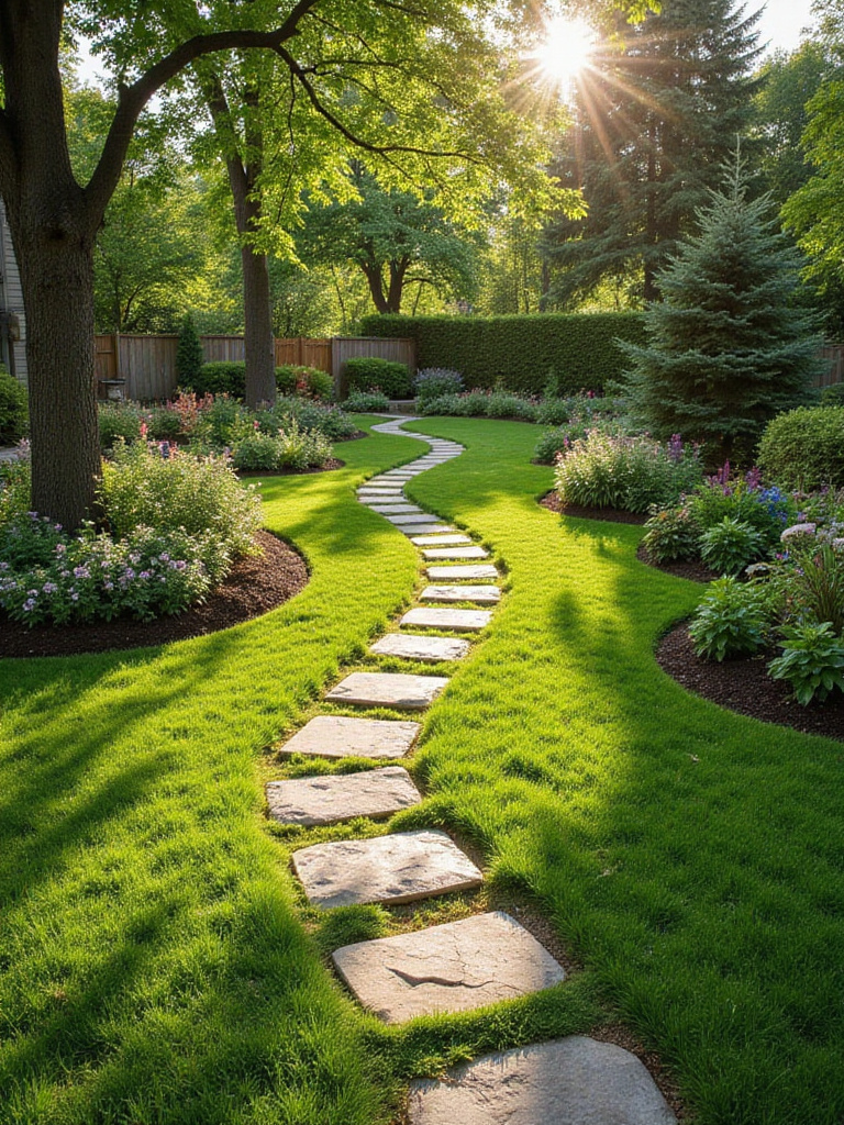 Charming flagstone stepping stone path winding through a green lawn and colorful garden beds.