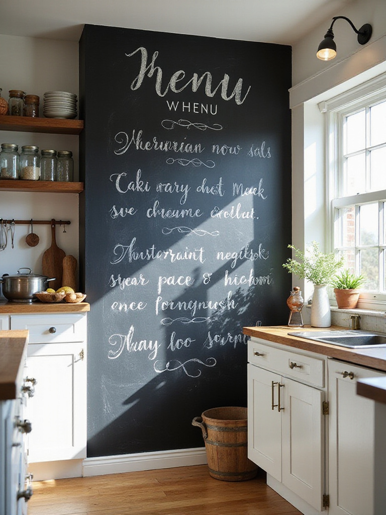 Farmhouse kitchen with a functional chalkboard wall displaying a weekly menu