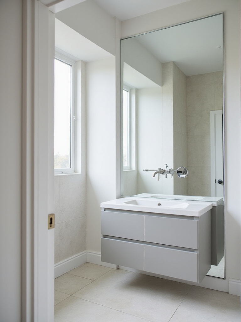 A small modern bathroom featuring a large, frameless mirror above the vanity that reflects the opposite wall, creating the visual illusion of a much larger space.