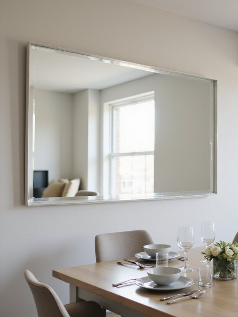 Modern dining room with a large mirror reflecting the table and natural light, creating a spacious feel.