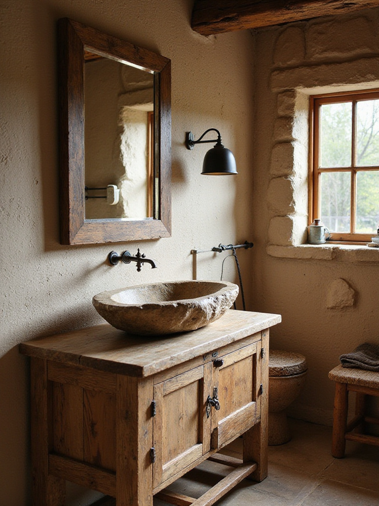 Rustic bathroom featuring a natural river rock vessel sink on a distressed wood vanity, with stone walls and wooden beams.