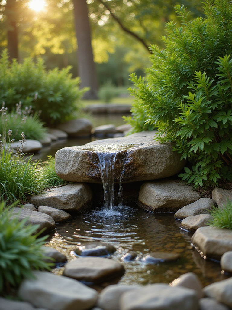 Small bubbling rock water feature surrounded by plants and stones in a peaceful backyard.