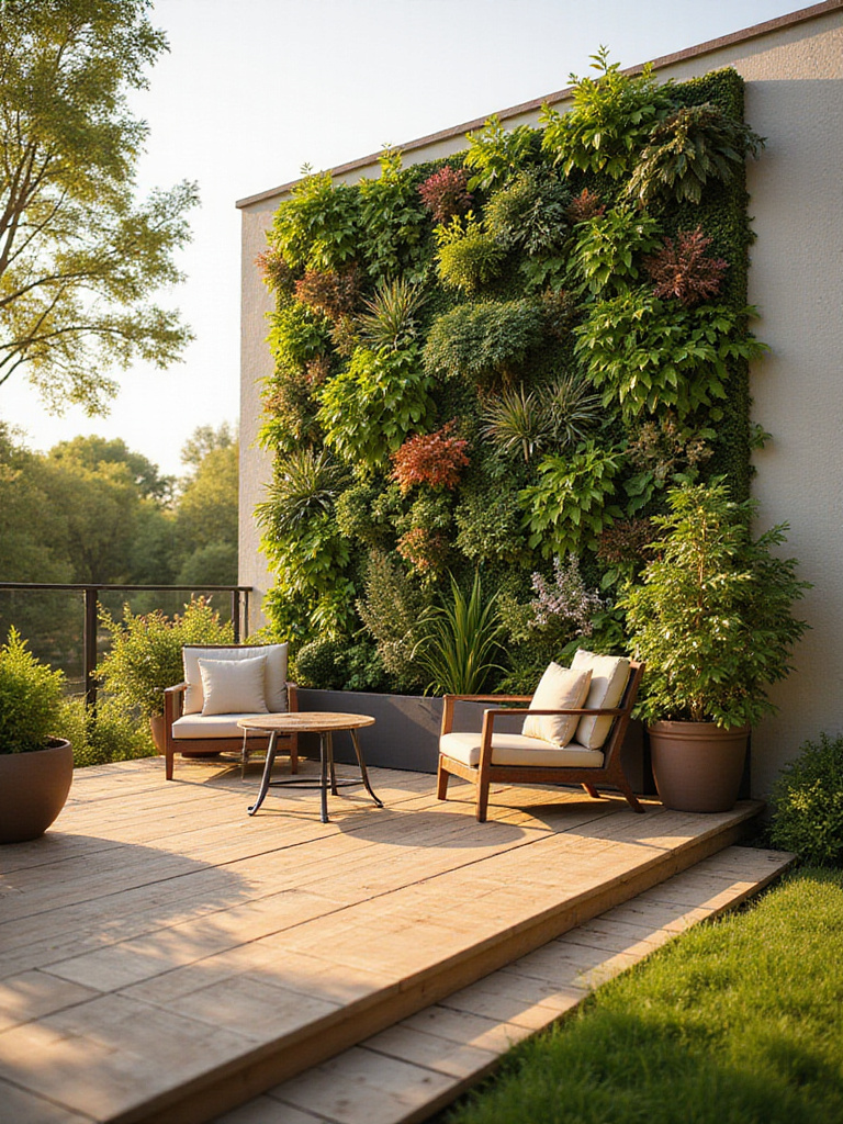Modern wooden deck featuring a vibrant vertical garden wall backdrop with lush plants, enhancing the outdoor living space.