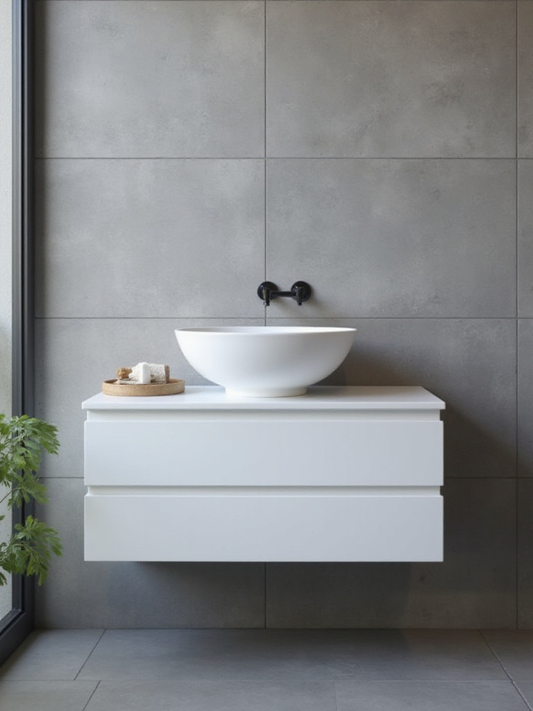 A modern small bathroom with a white vessel sink and a sleek wall-mounted faucet above it, demonstrating space-saving design.