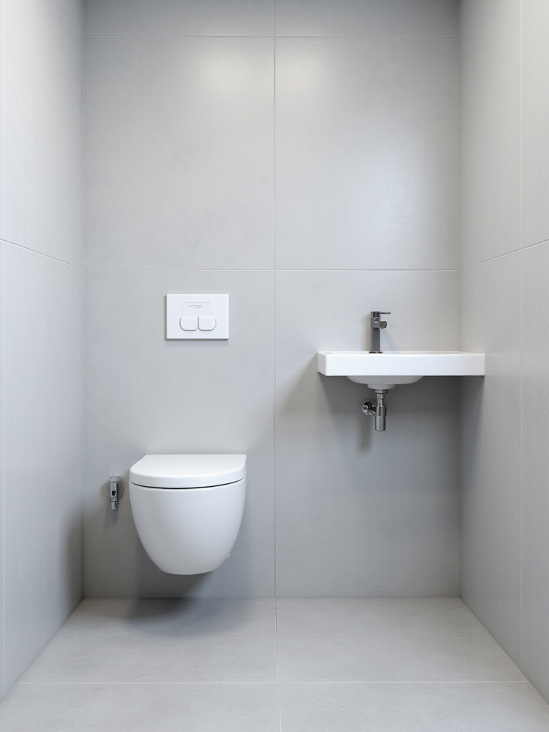 A modern small bathroom featuring a wall-mounted toilet and sink, illustrating how floating fixtures maximize floor space and create a clean, minimalist look.