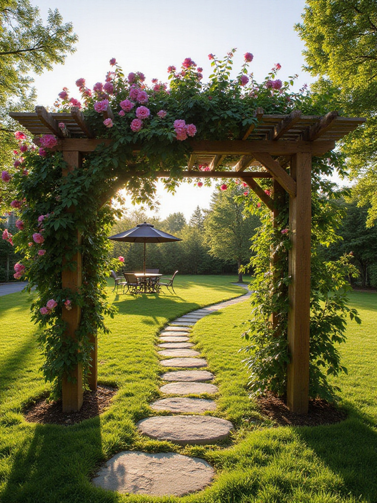 Wooden arbor covered in pink roses marking a garden path entrance, or a modern pergola shading a patio within a lawn garden, demonstrating vertical interest.