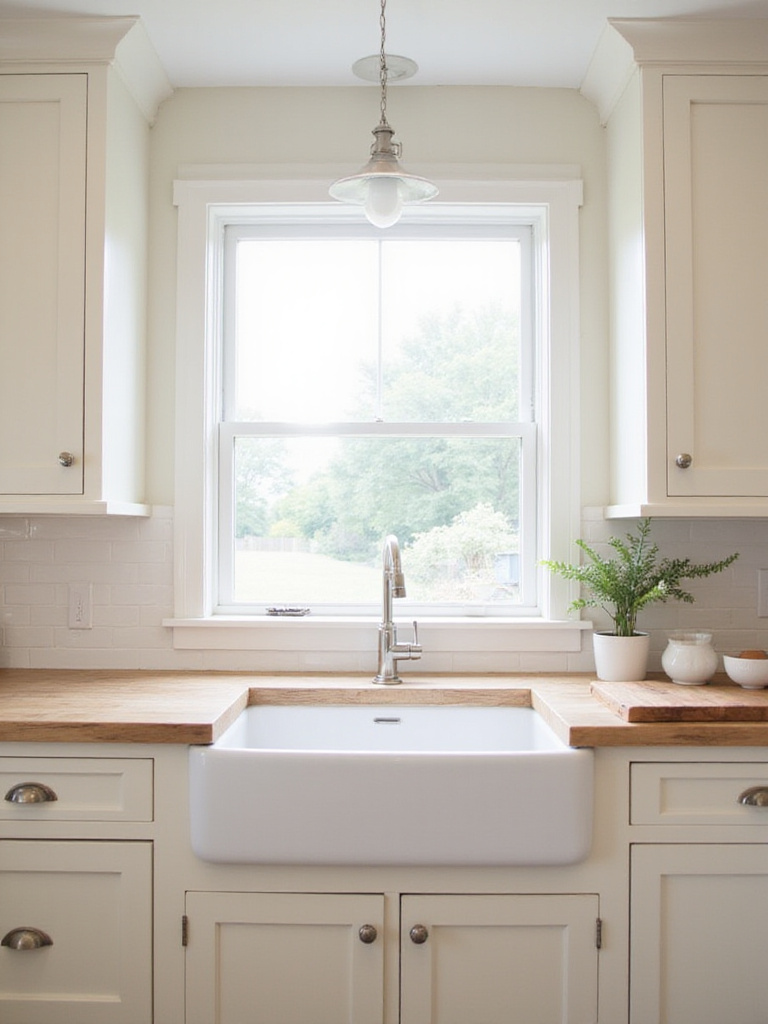 Farmhouse kitchen with white fireclay apron-front sink and butcher block countertops