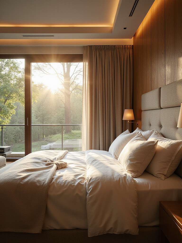 Luxurious bedroom with high-end finishes and subtle integration of a high-fidelity sound system, featuring flush-mounted speakers and elegant decor.