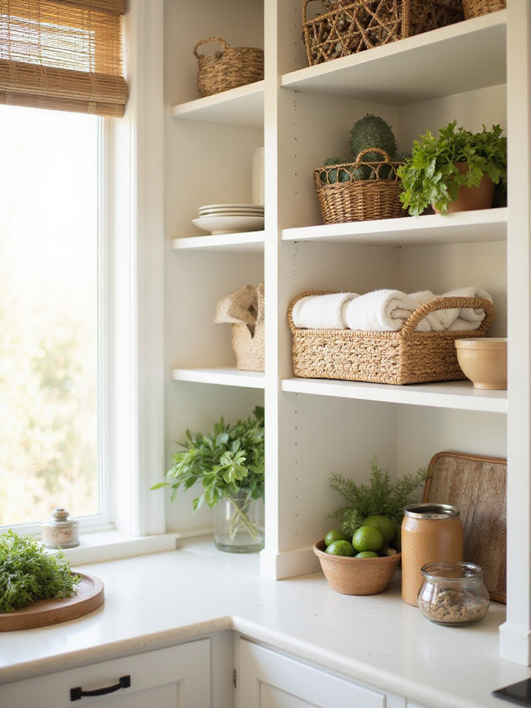 Kitchen open shelving with decorative baskets for storage and organization