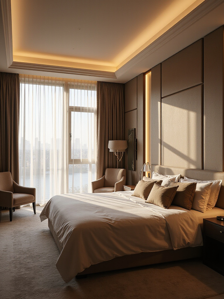 Luxurious bedroom interior with seamless smart home technology, featuring automated blinds filtering soft morning light and integrated ambient lighting creating a serene atmosphere.