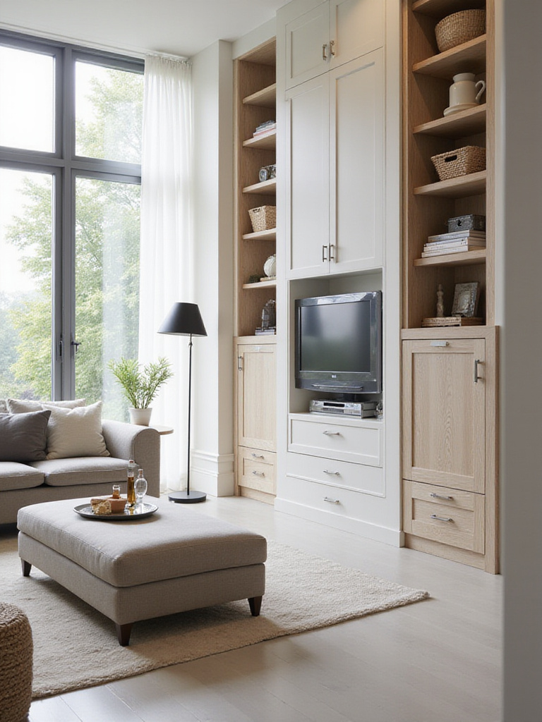 Modern living room with smart storage solutions: media console, storage ottoman, built-in shelves. Clean, organized space.