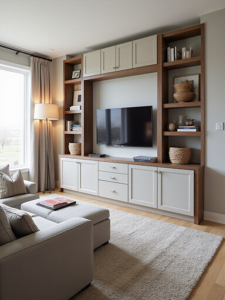 A modern living room showcasing smart and stylish integrated storage solutions, including built-in shelves, a media console with cabinets, and a storage ottoman.