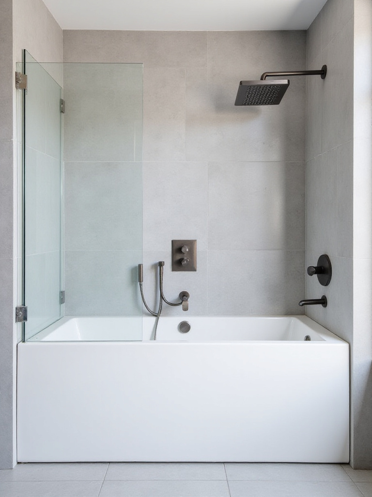 Modern bathtub with integrated shower system, featuring a rain showerhead and hand shower, set within a beautifully tiled bathroom.