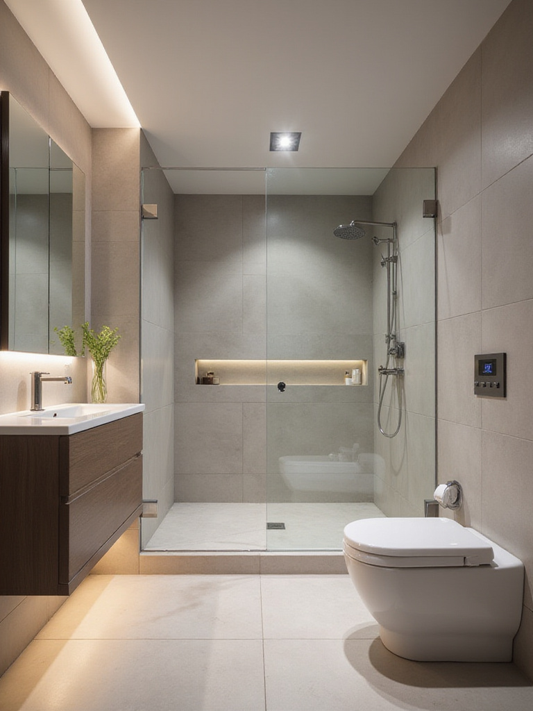 Interior of a modern master bathroom showcasing integrated smart technology, including a smart mirror, smart shower controls, and smart toilet, illuminated by soft ambient lighting.