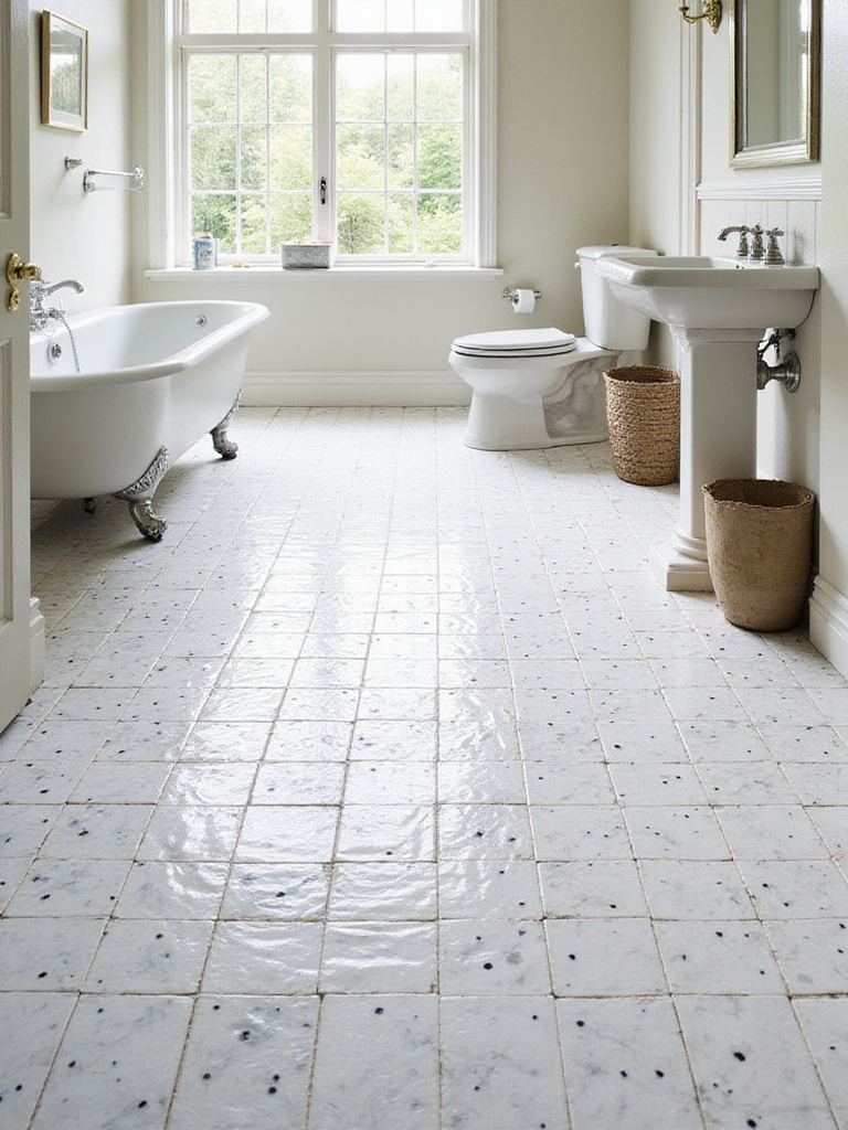 Classic bathroom floor with intricate white marble basketweave tile featuring black dot accents. The floor pattern adds timeless texture to the elegant space.