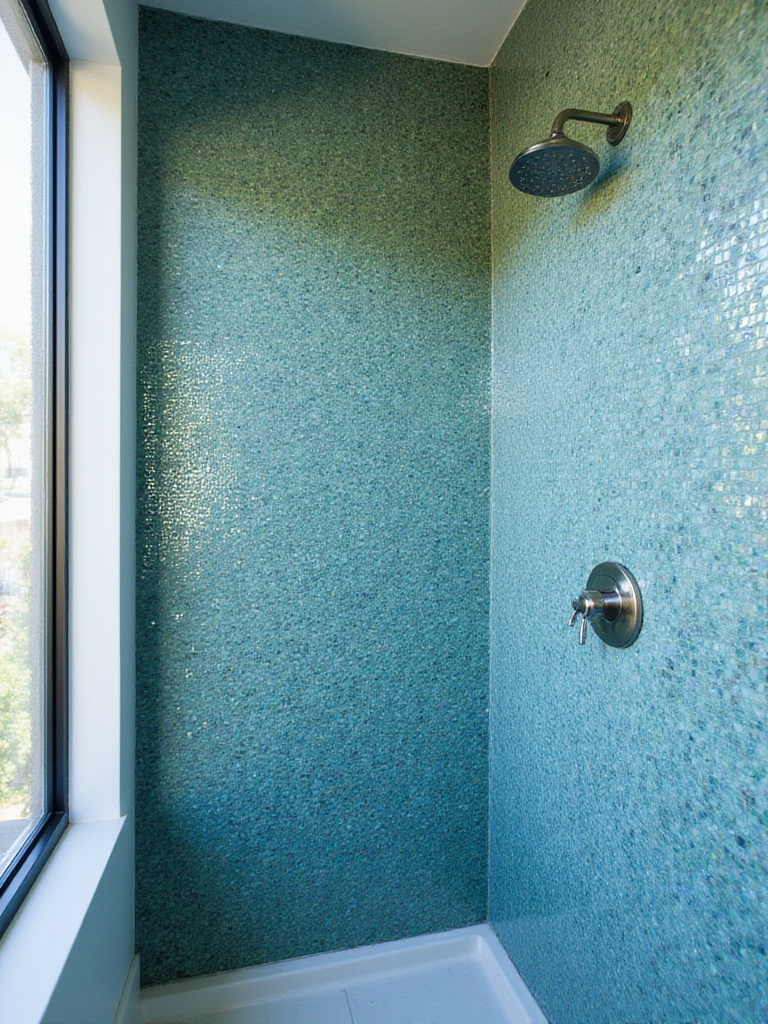Bathroom shower wall featuring iridescent blue and green glass mosaic tiles in a wave pattern.