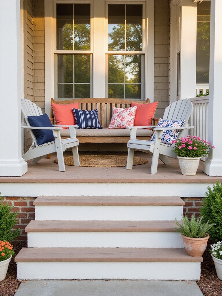 Traditional front porch with wooden bench and chairs decorated with colorful outdoor pillows and potted plants, creating an inviting seating area.