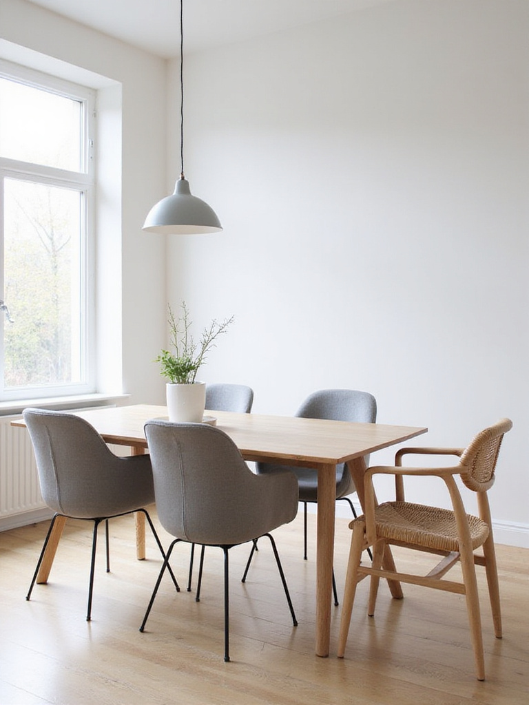 Modern dining room with a mix of contemporary dining chairs and a wooden table.
