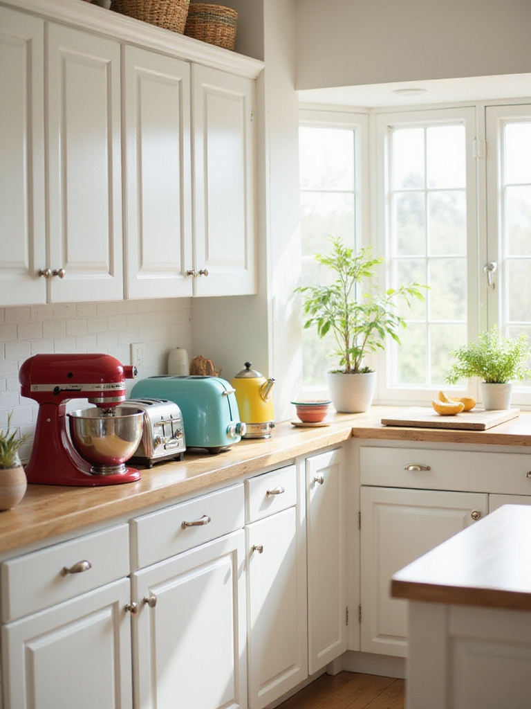 Colorful small appliances on a kitchen countertop adding pops of color to a white kitchen.