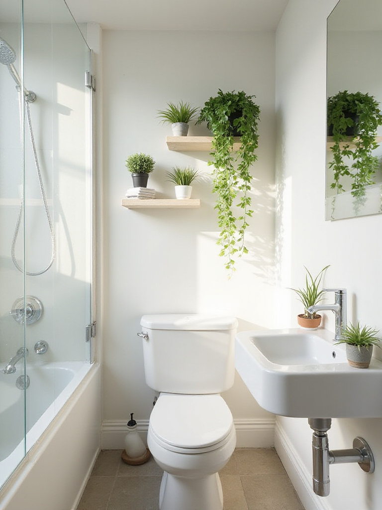Small green plants decorating a compact bathroom, placed on shelves, counters, and hanging to maximize space and add natural decor.