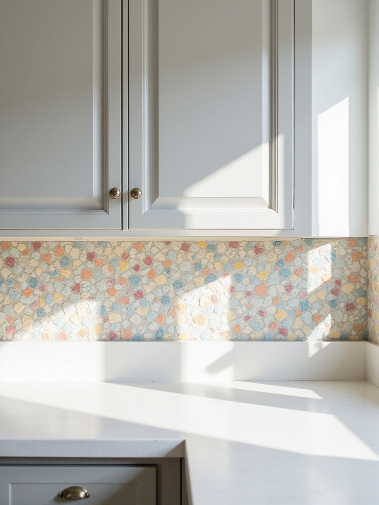 Modern kitchen with a vibrant geometric patterned tile backsplash, white countertops, and grey cabinets.
