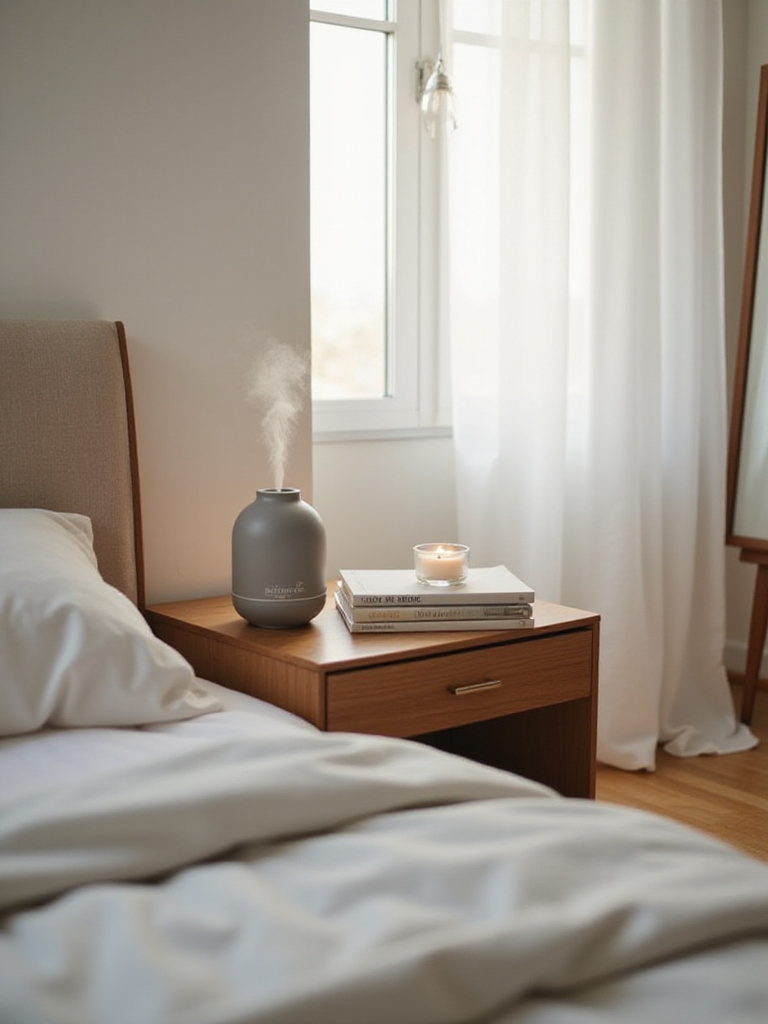 Essential oil diffuser and candle on a bedside table in a serene apartment bedroom, highlighting the use of relaxing scents.