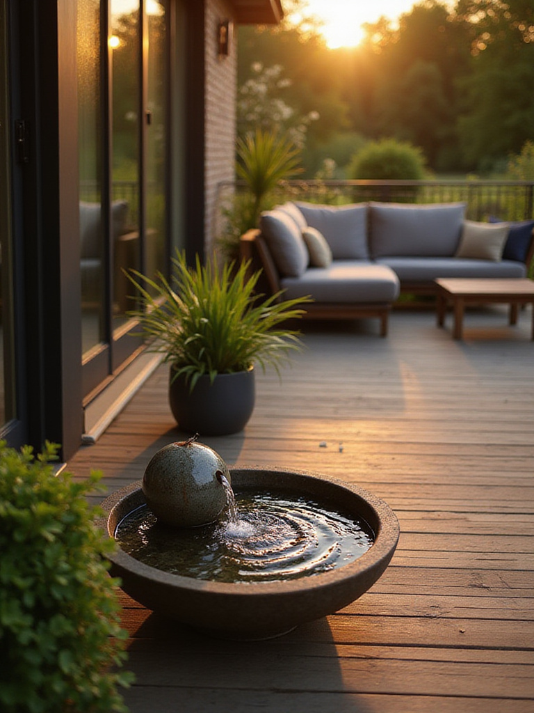 Modern wooden deck with a small bubbling sphere water feature and lush potted plants, creating a serene outdoor seating area at sunset.