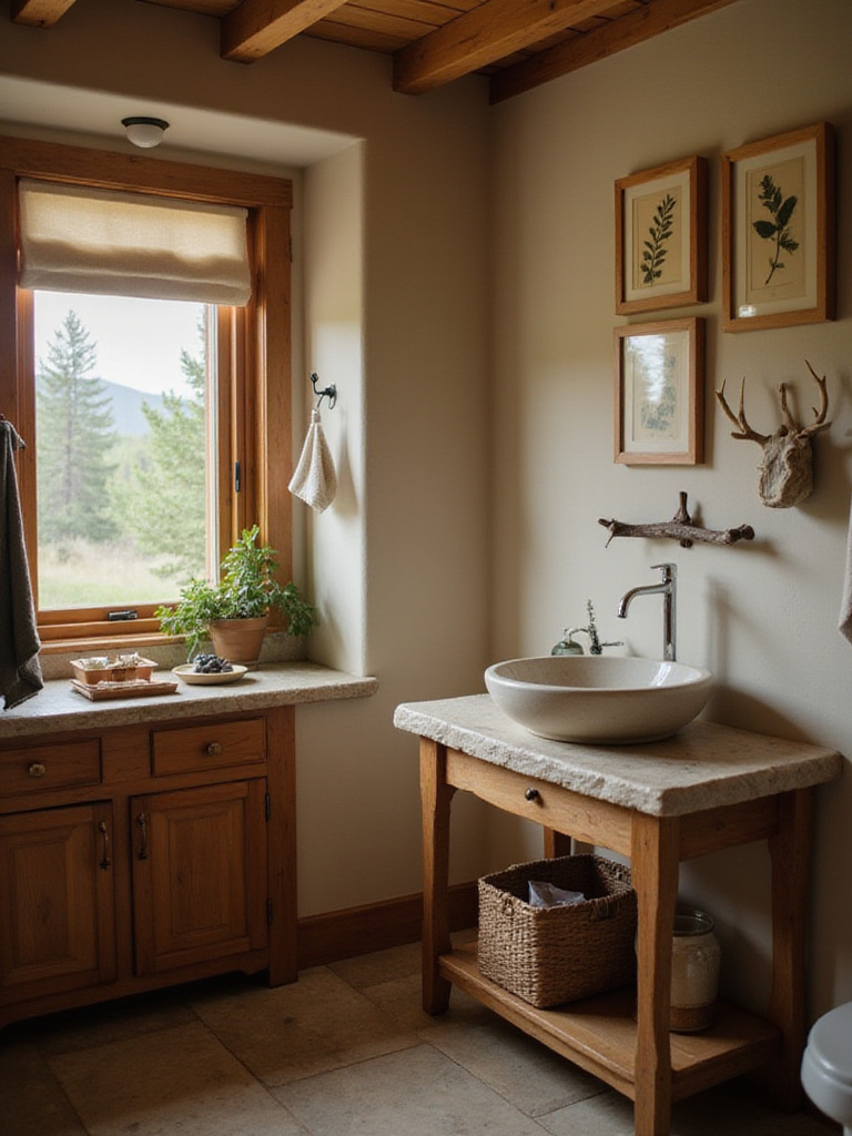 Rustic bathroom featuring a wooden vanity, stone countertop, and subtle nature-inspired decor like a shed antler on the counter and branch-shaped towel hook.