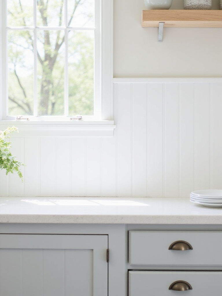 Farmhouse kitchen with white beadboard backsplash