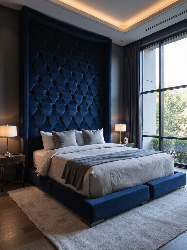 Luxurious bedroom featuring a dramatic bespoke navy velvet headboard with geometric tufting, showcasing custom furniture design.