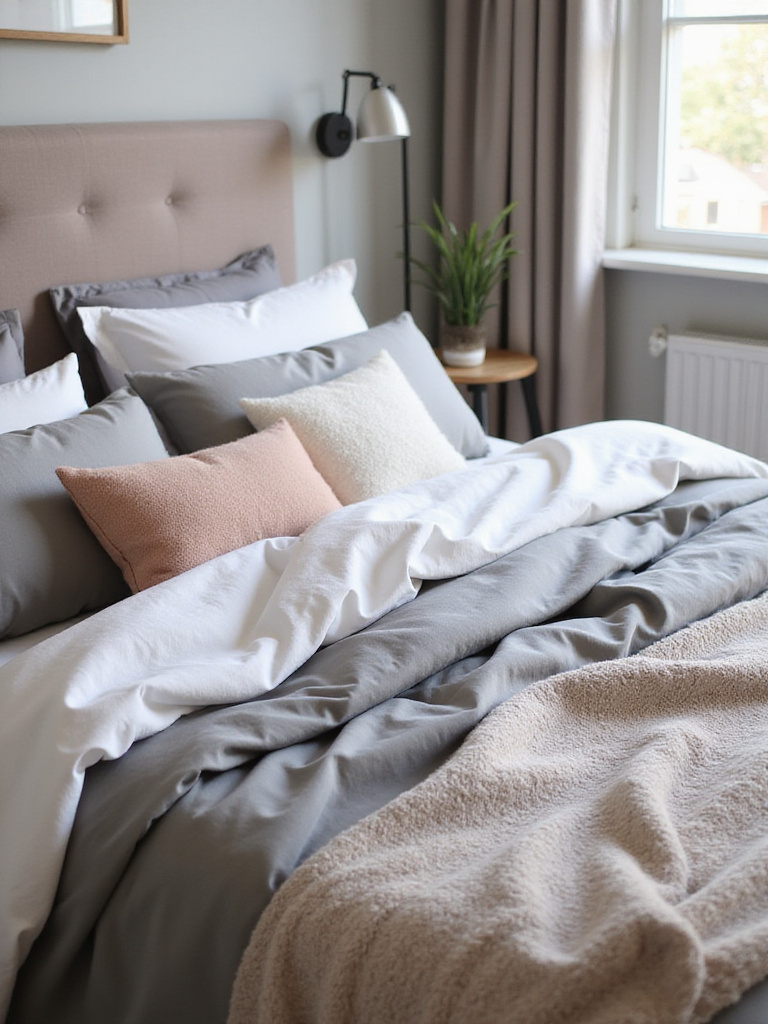 A luxurious apartment bedroom bed with layered, high-quality bedding in soft colors and textures, showcasing comfort and style.