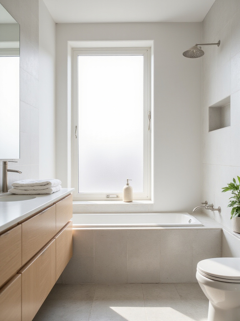 A bright, minimalist small bathroom with clear countertops, warm white walls, light grey tiles, and a light wood vanity, showcasing an uncluttered and organized space.